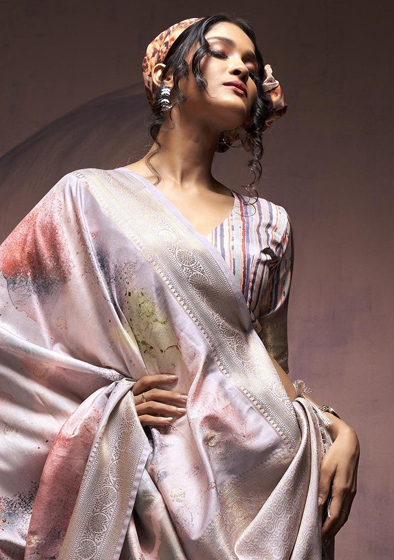 Grey Embroidered Silk Saree Set - Indya