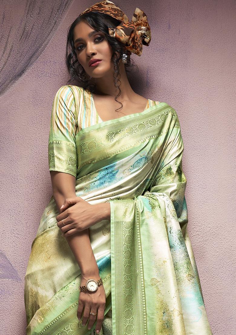 Green Embroidered Silk Saree Set - Indya