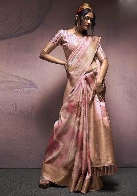 Peach Embroidered Silk Saree Set