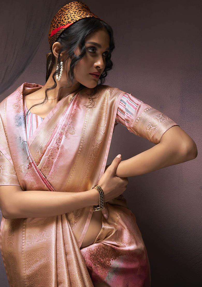 Peach Embroidered Silk Saree Set - Indya