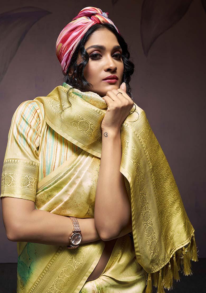 Orange Embroidered Silk Saree Set - Indya