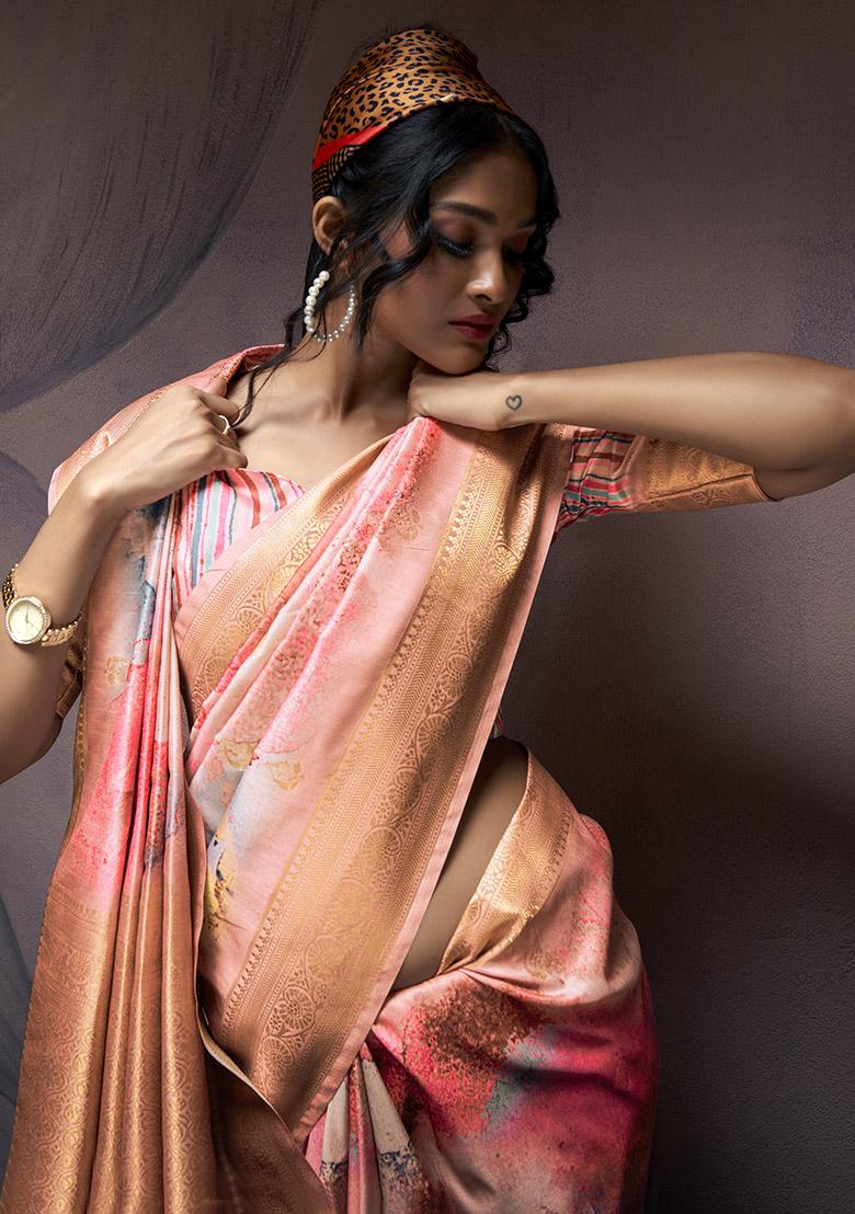 Orange Embroidered Silk Saree Set - Indya