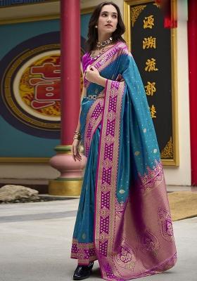 Blue Embroidered Silk Saree Set