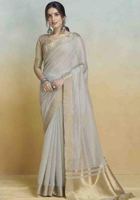 Grey Embroidered Silk Saree Set