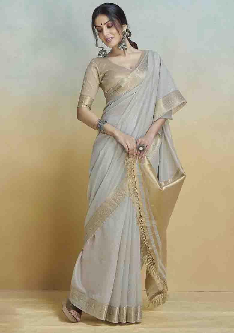 Grey Embroidered Silk Saree Set - Indya