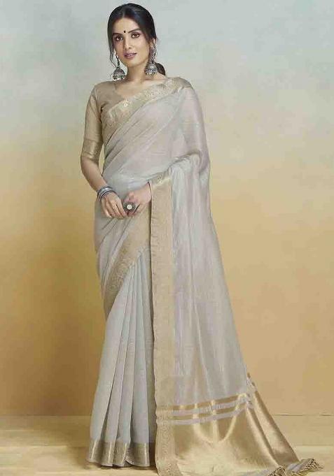 Grey Embroidered Silk Saree Set