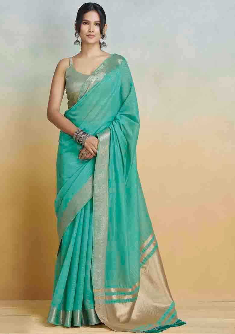 Blue Embroidered Silk Blend Saree Set - Indya