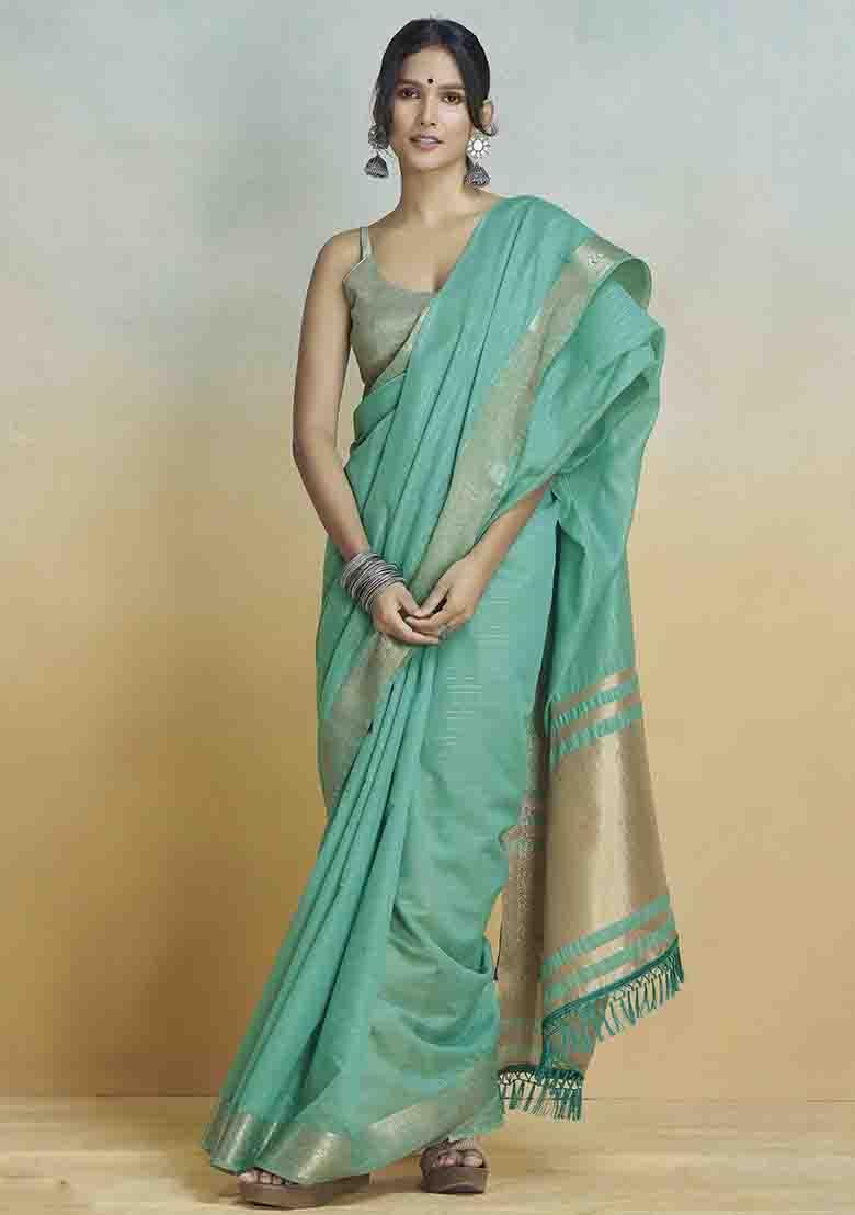 Blue Embroidered Silk Saree Set - Indya
