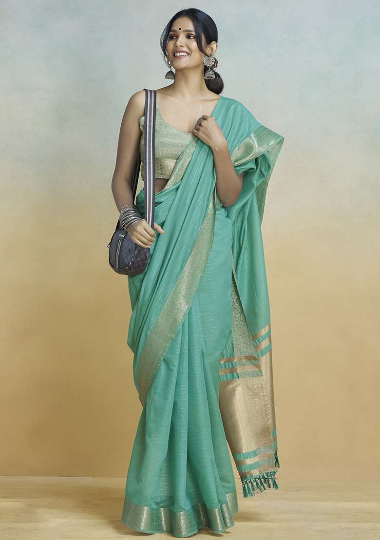 Blue Embroidered Silk Blend Saree Set - Indya