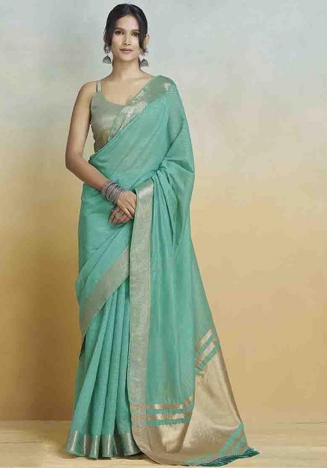 Blue Embroidered Silk Saree Set
