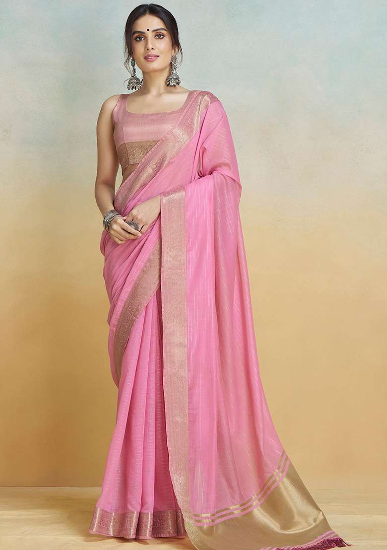 Pink Embroidered Silk Blend Saree Set - Indya