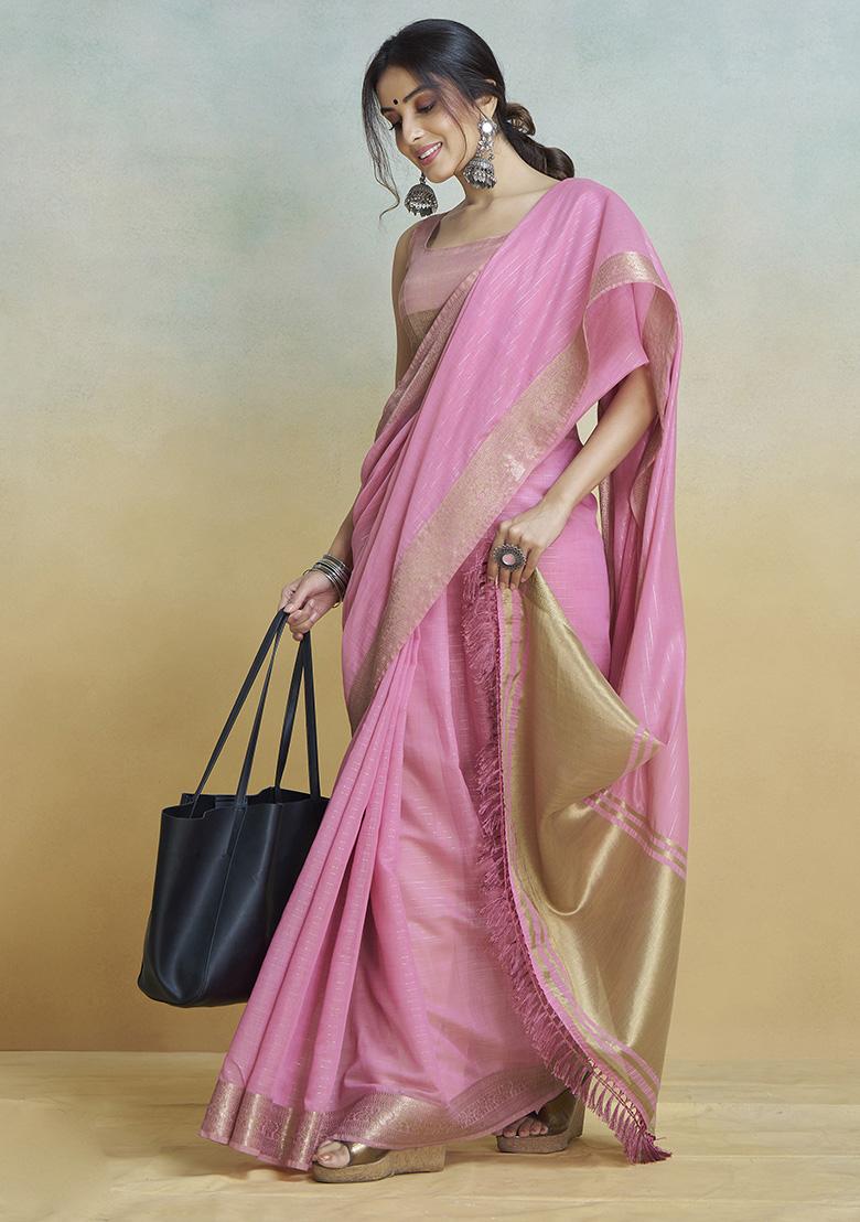 Pink Embroidered Silk Saree Set - Indya