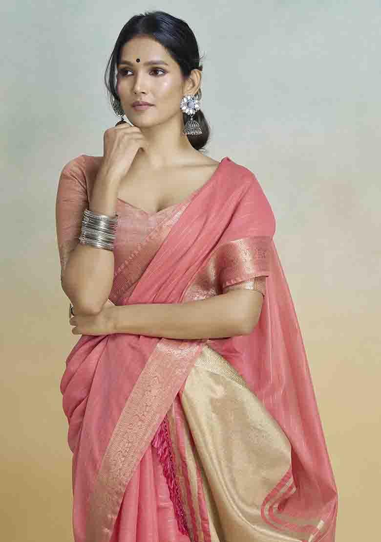 Orange Embroidered Silk Saree Set - Indya