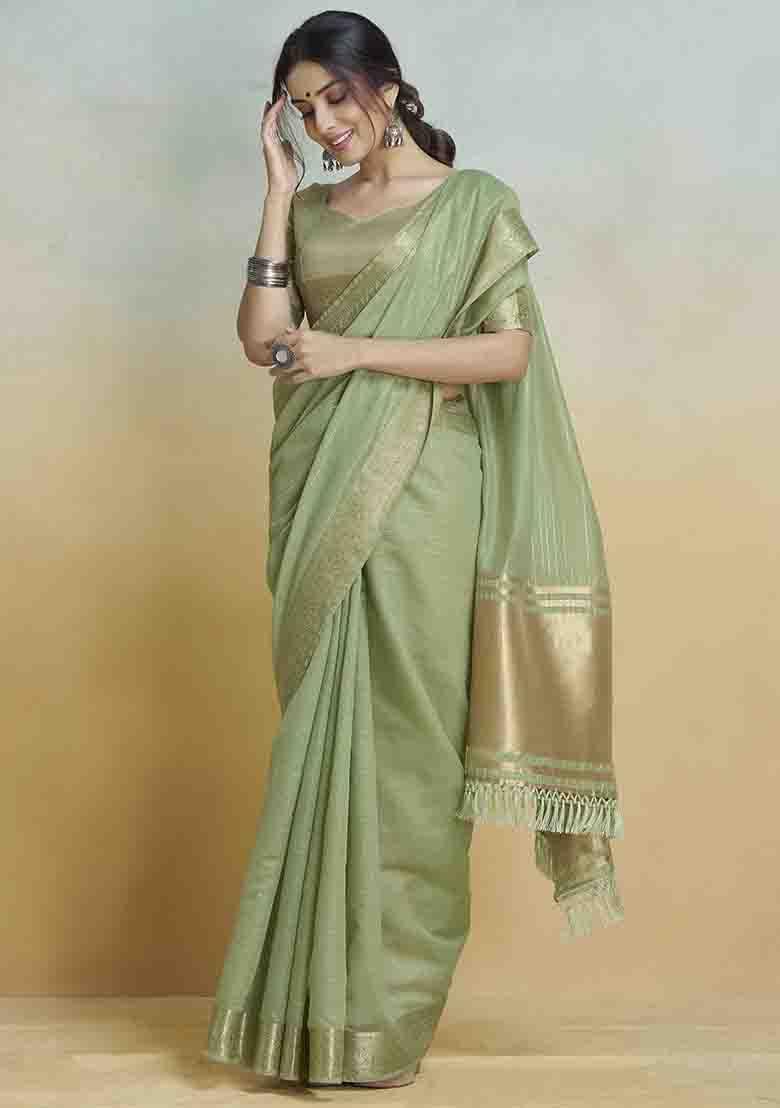Green Embroidered Silk Saree Set - Indya