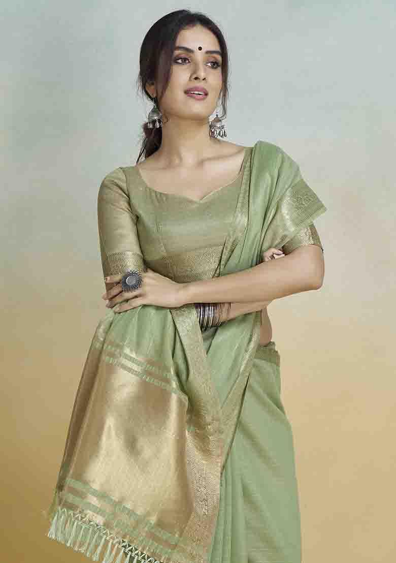 Green Embroidered Silk Saree Set - Indya