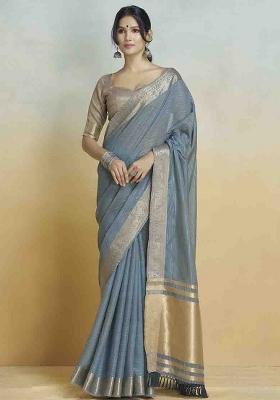 Blue Embroidered Silk Saree Set