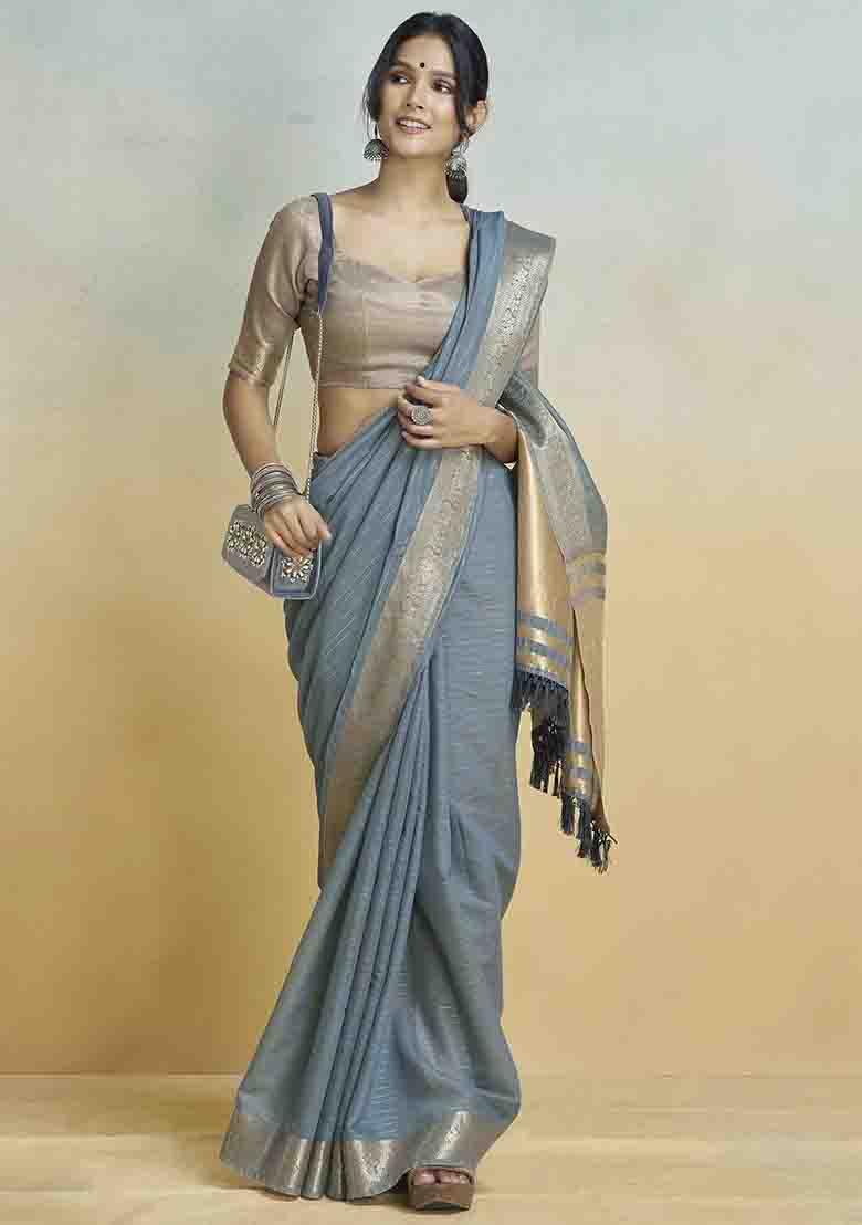 Blue Embroidered Silk Saree Set - Indya