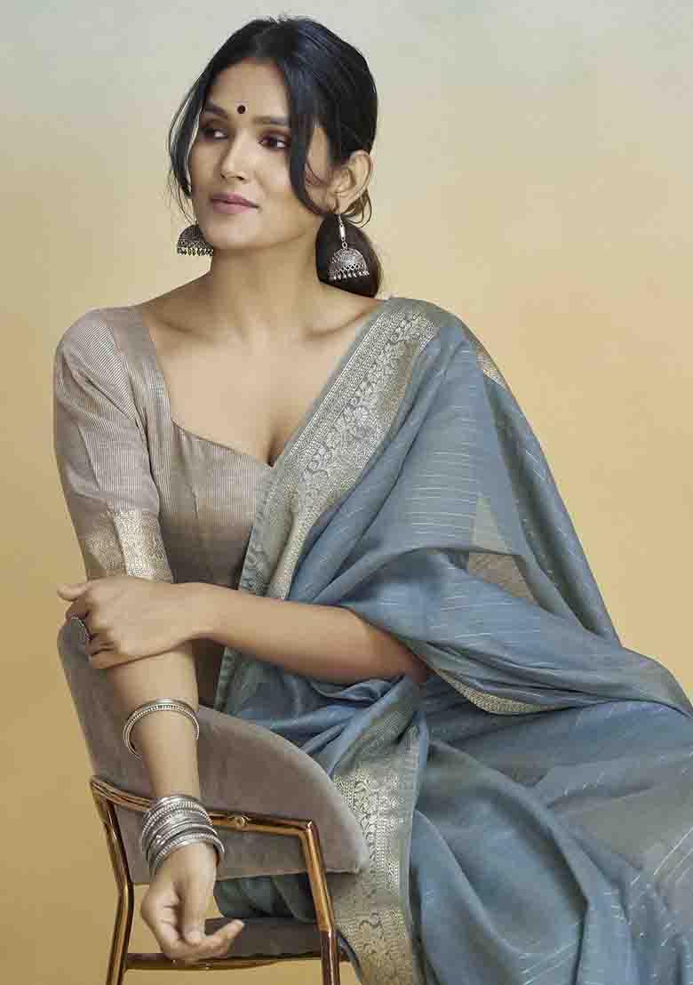 Blue Embroidered Silk Saree Set - Indya