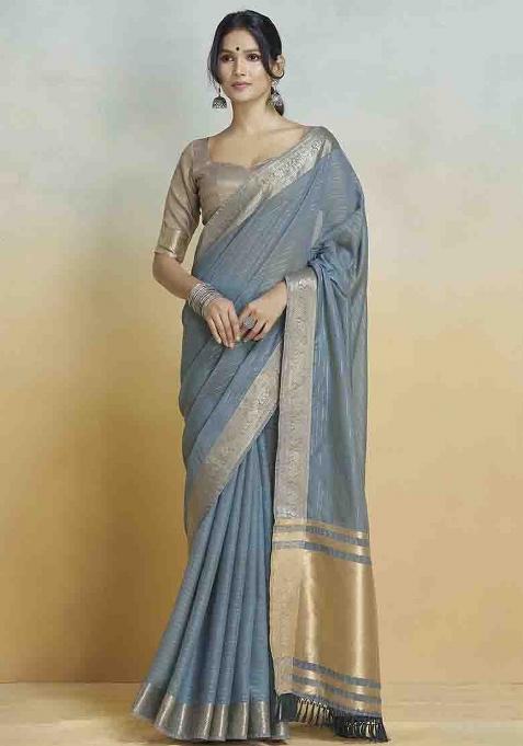 Blue Embroidered Silk Saree Set