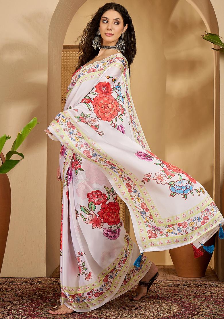 White Embroidered Georgette Saree Set - Indya