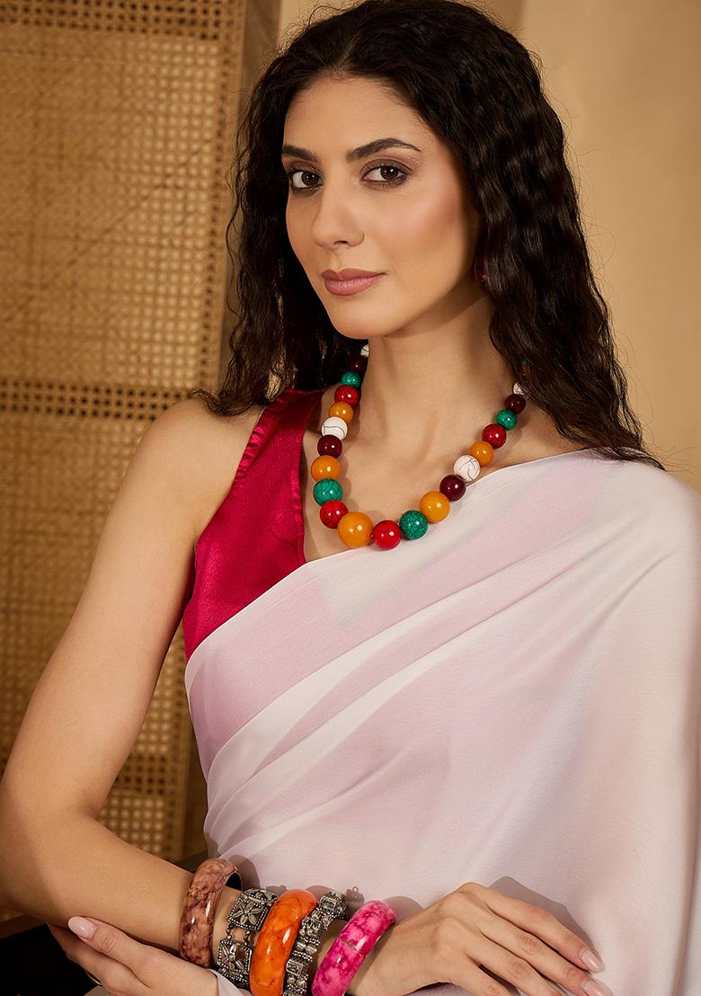 White Embroidered Georgette Saree Set - Indya