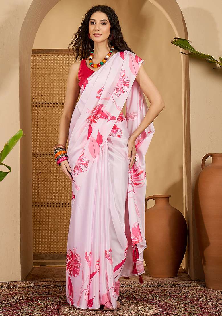 Pink Embroidered Georgette Saree Set - Indya