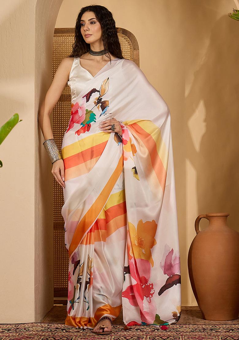 White Embroidered Georgette Saree Set - Indya