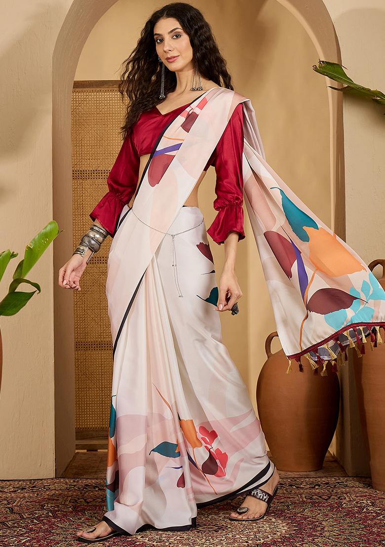 White Embroidered Georgette Saree Set - Indya