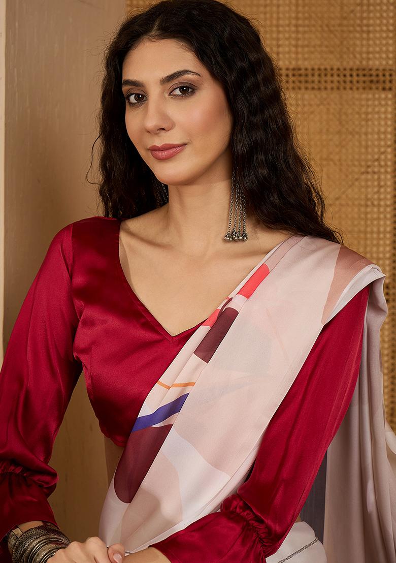 White Embroidered Georgette Saree Set - Indya