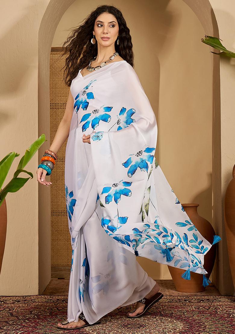 White Embroidered Georgette Saree Set - Indya