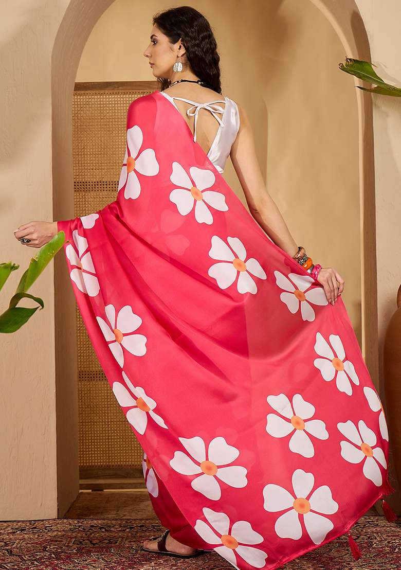Pink Embroidered Georgette Saree Set - Indya