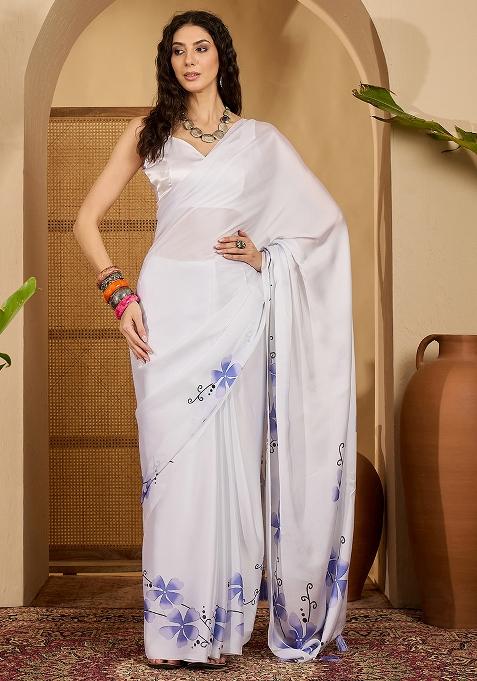 White Embroidered Georgette Saree Set