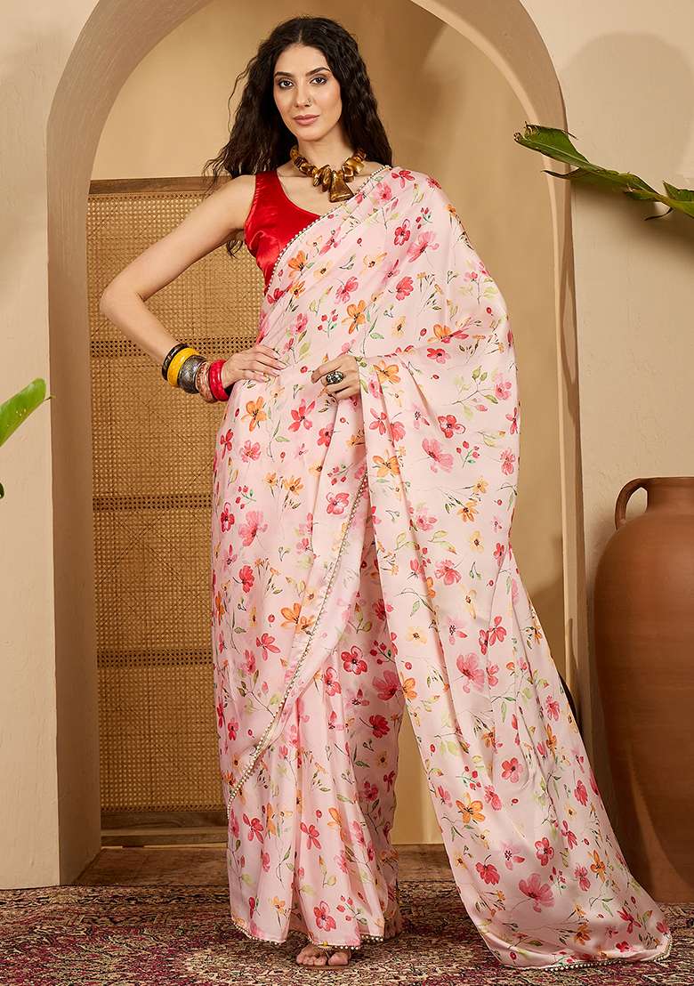 Peach Embroidered Georgette Saree Set - Indya