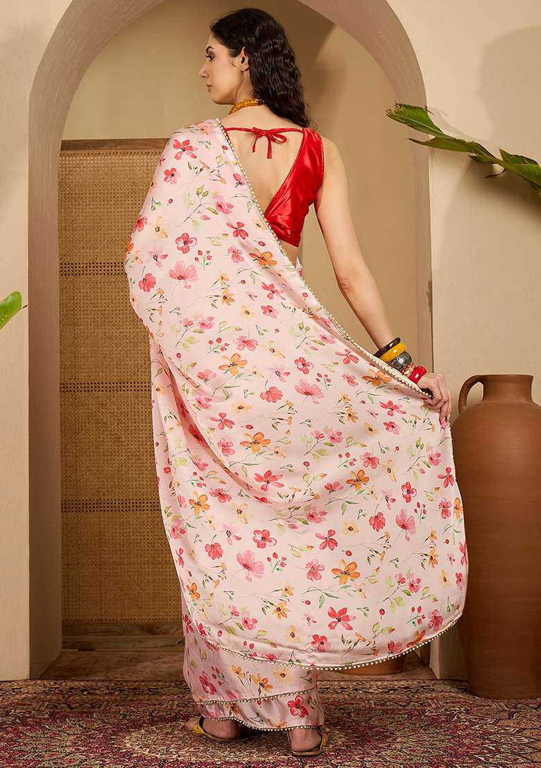 Peach Embroidered Georgette Saree Set - Indya