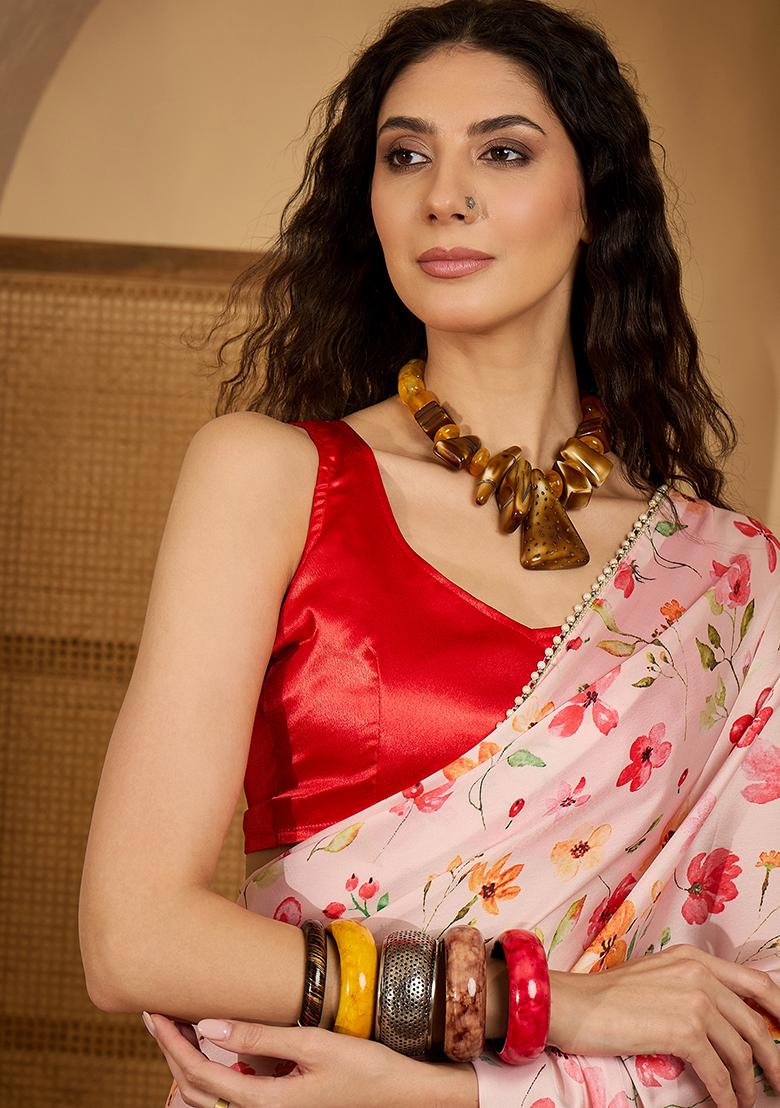 Peach Embroidered Georgette Saree Set - Indya