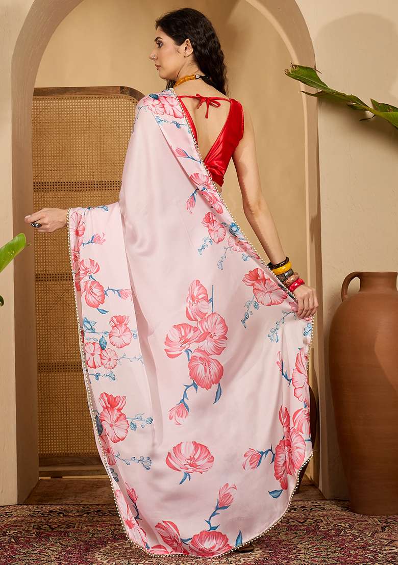 Pink Embroidered Georgette Saree Set - Indya