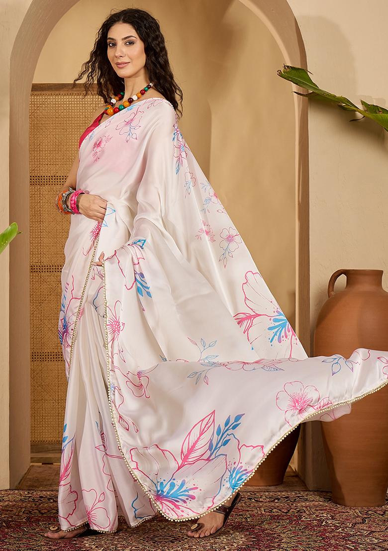 White Embroidered Georgette Saree Set - Indya