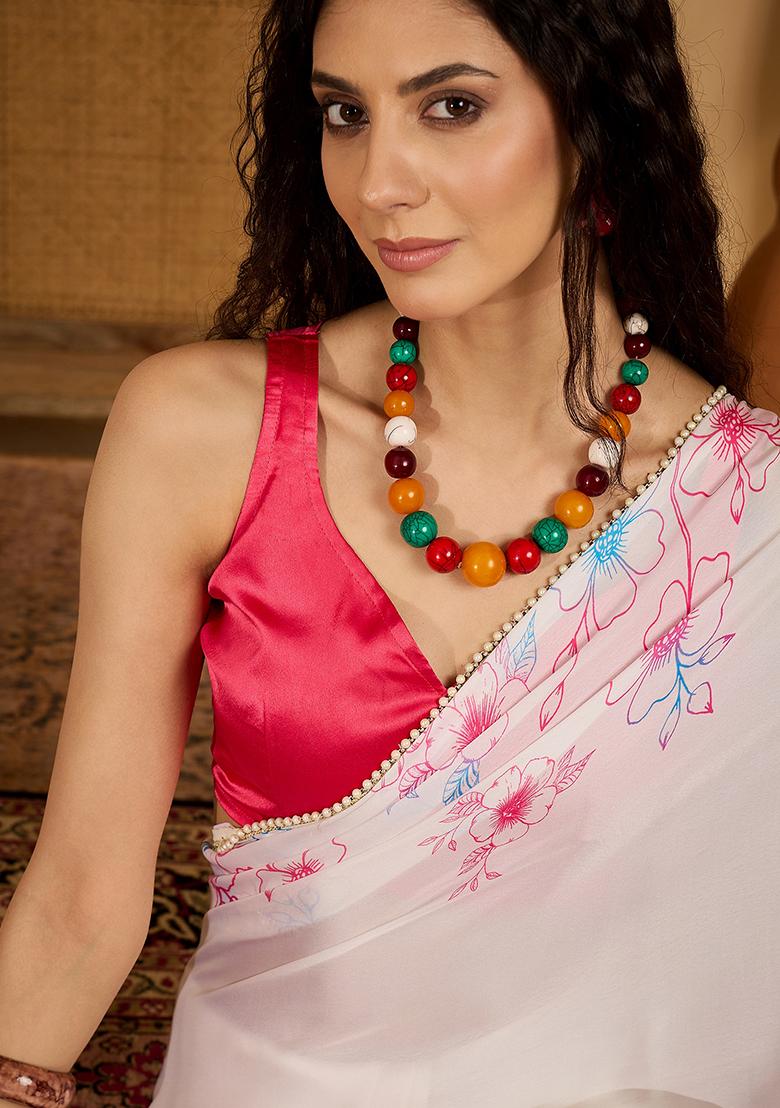 White Embroidered Georgette Saree Set - Indya