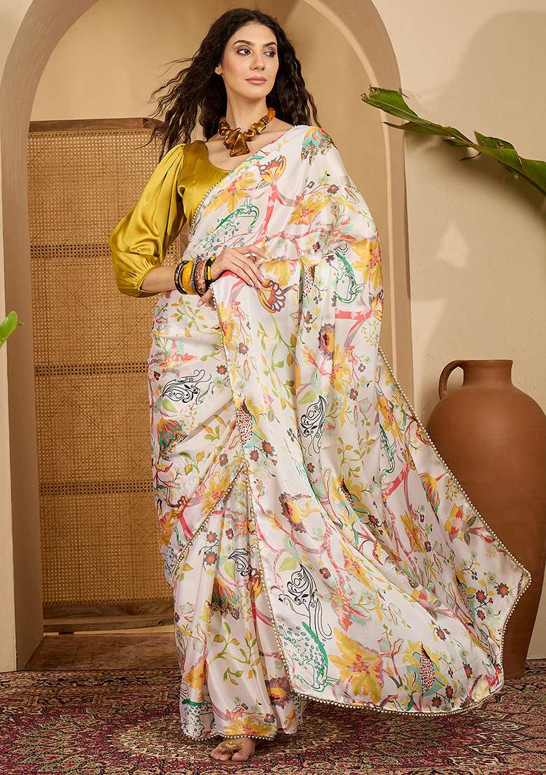 White Embroidered Georgette Saree Set - Indya