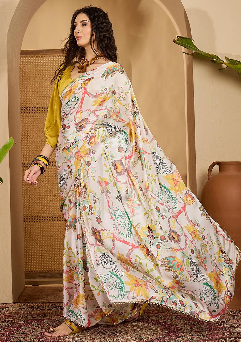 White Embroidered Georgette Saree Set - Indya