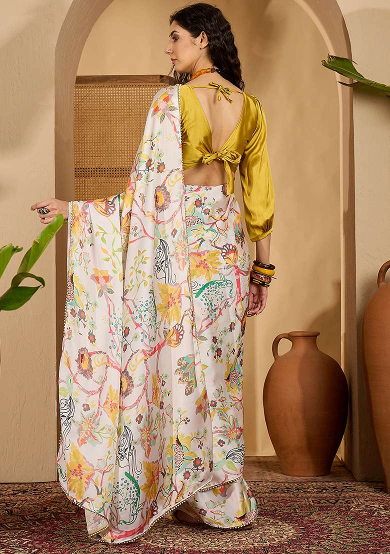 White Embroidered Georgette Saree Set - Indya