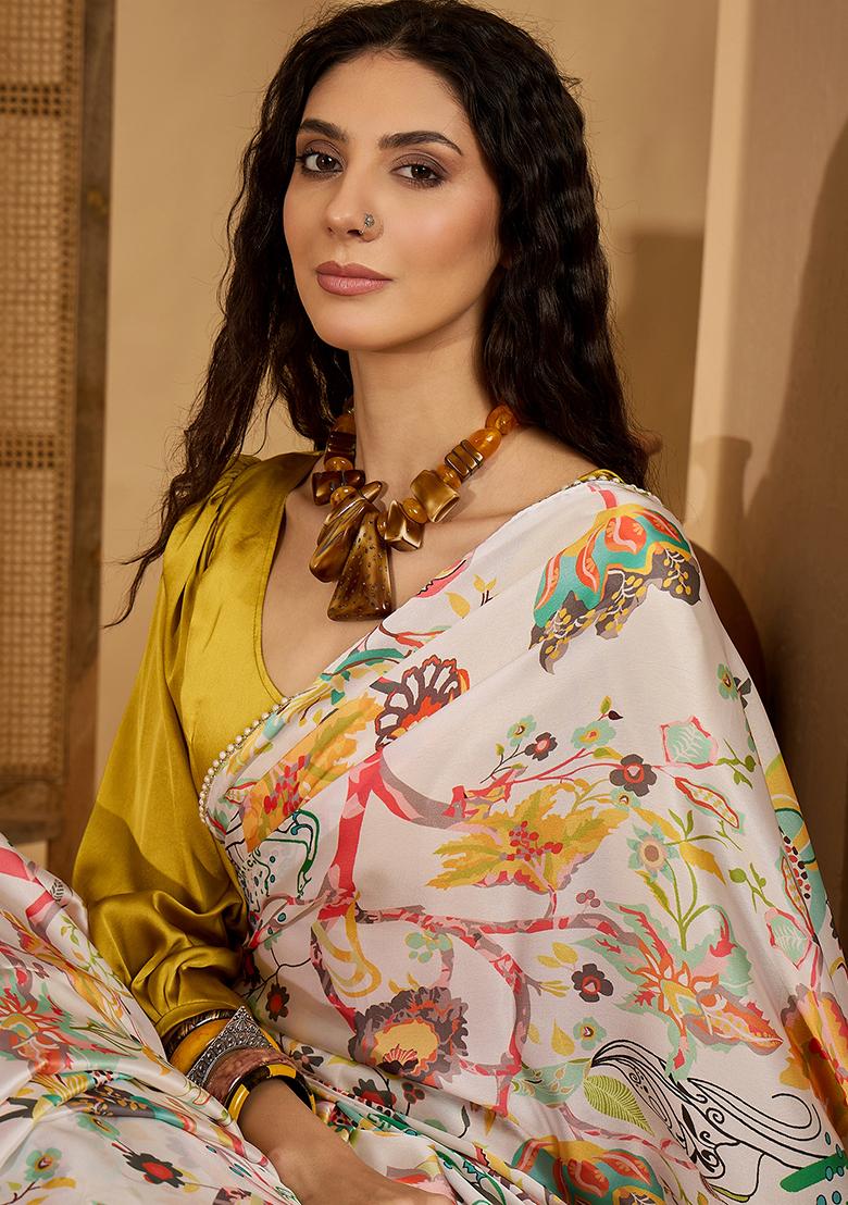 White Embroidered Georgette Saree Set - Indya