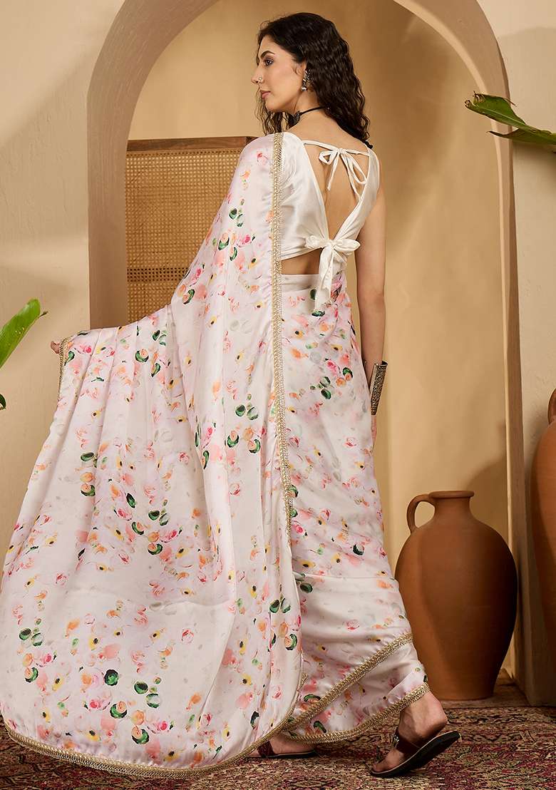 White Embroidered Georgette Saree Set - Indya