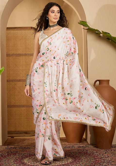 White Embroidered Georgette Saree Set