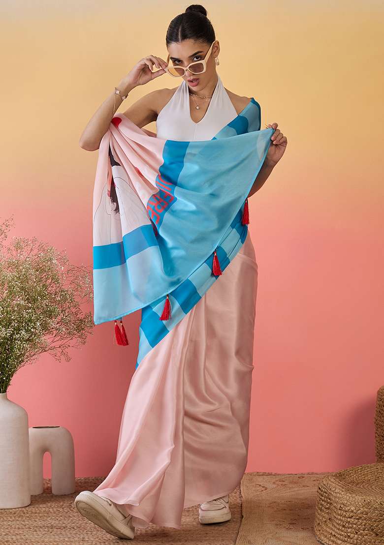 Peach Embroidered Georgette Saree Set - Indya