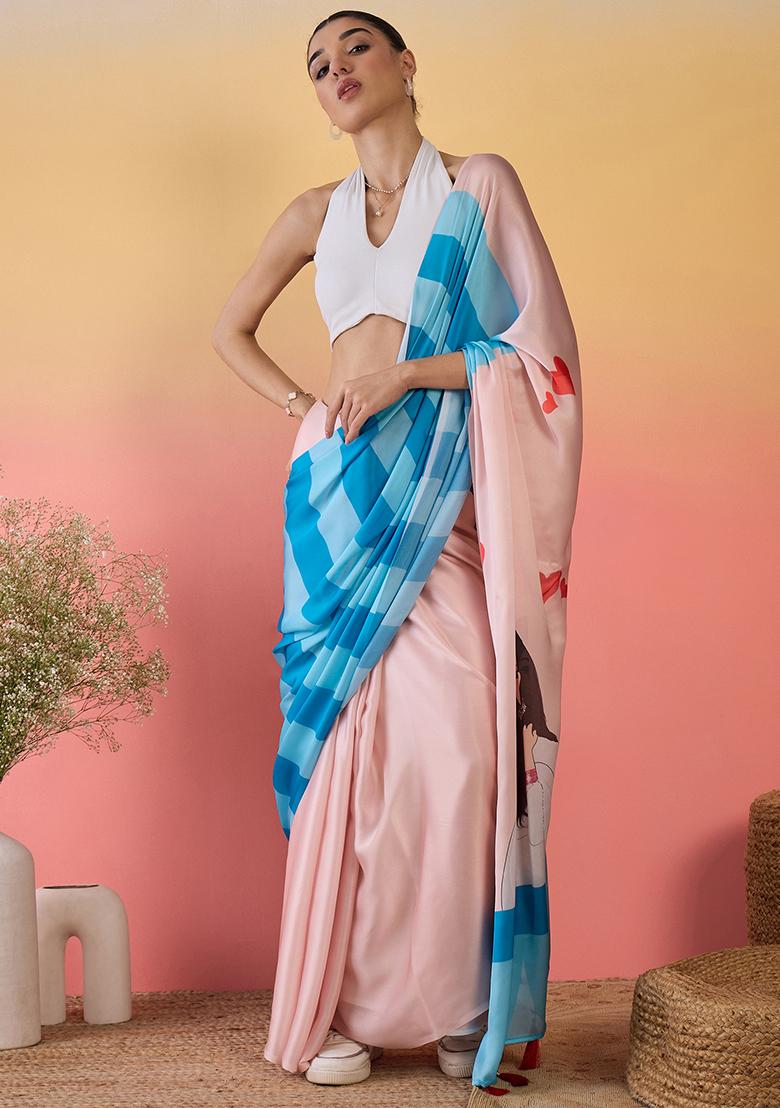 Peach Embroidered Georgette Saree Set - Indya