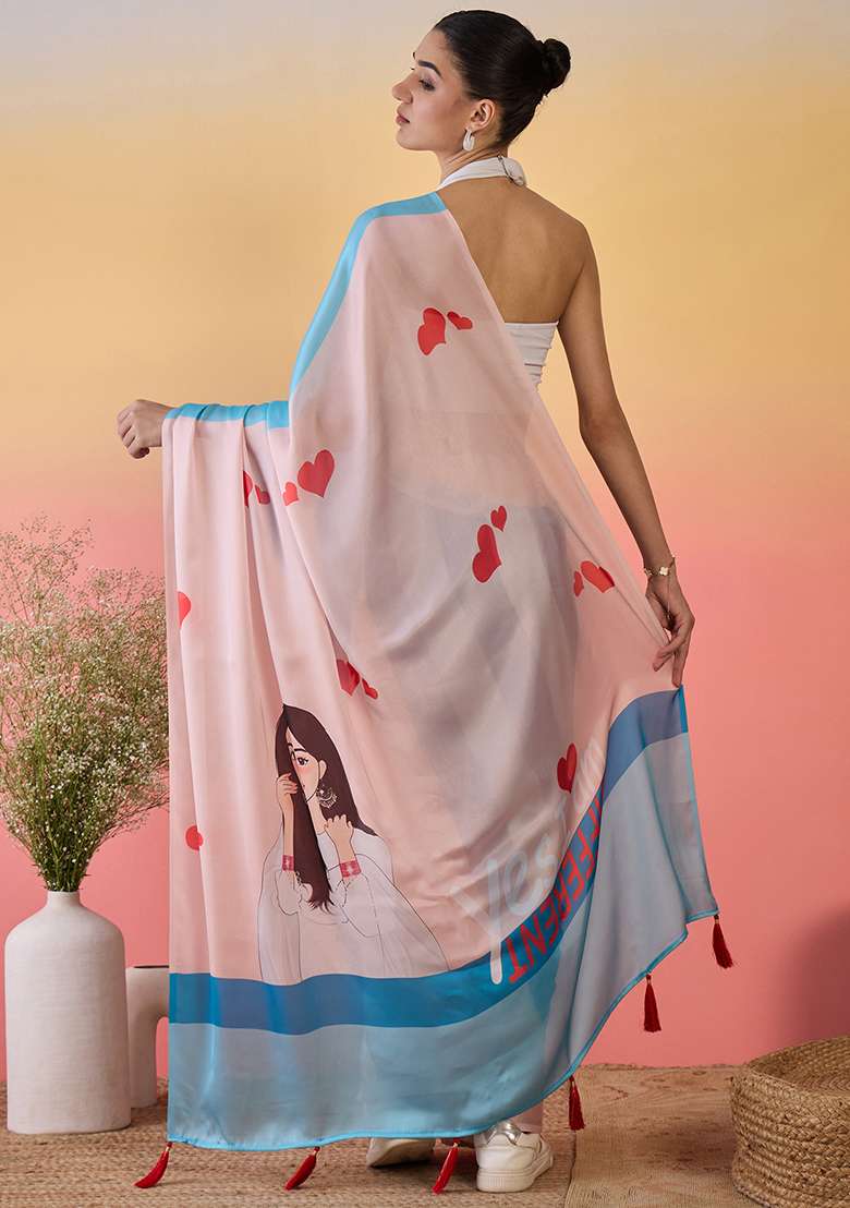 Peach Embroidered Georgette Saree Set - Indya