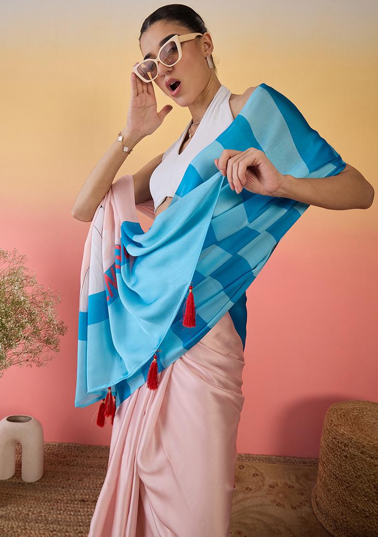 Peach Embroidered Georgette Saree Set - Indya