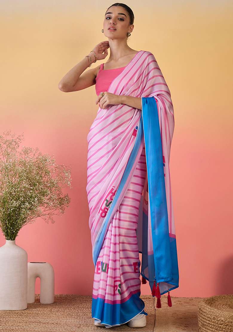 Pink Embroidered Georgette Saree Set - Indya