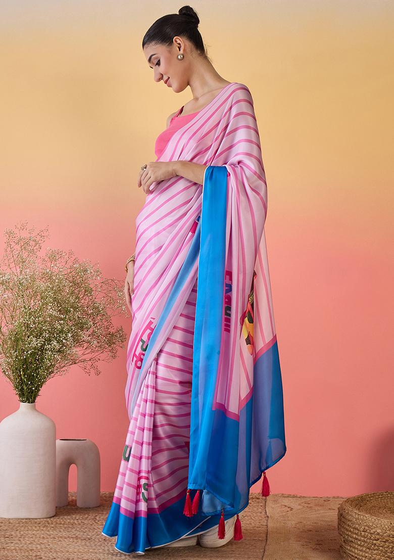 Pink Embroidered Georgette Saree Set - Indya